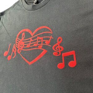 T-Shirt with Red Heart and Music Notes Print,Music Lover Tee